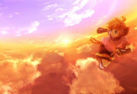 Flying - sky, sun, child, sunset, flying, young, purple, sun rise, yellow, pink, clouds, blue, anime, orange, teen, fly