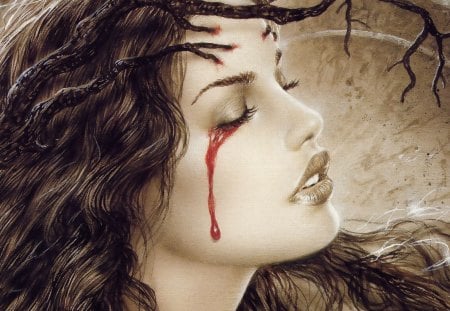 Vampire Sorrow in Sepia - pretty, blood, female, maiden, crying, sad, red, horror, paranormal, sorrow, youth, branches, branch, beautifyl, tree, cry, vamire, lady, woman, young