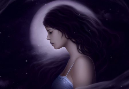 Moon Girl - moon, girl, sad, hair, fantasy, cg, long