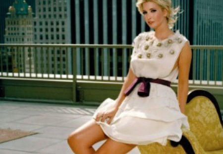 Ivanka Trump - sitting, posing, fashion, long hair, white dress, model, looking, city, blonde