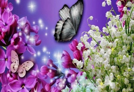 Dainty Fluttering amongst beautiful flora. - vivid, purple, flowers, butterflies