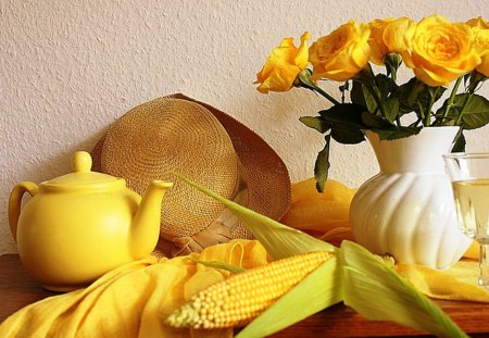 Fall and yellow roses - vase, yellow, white, roses, hat, nature, corn, autumn, teapot