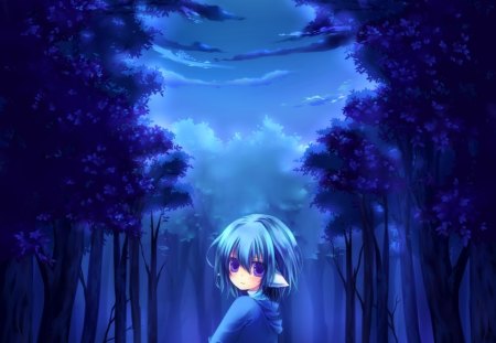 Lonely Forest - elf ears, purple eyes, forest, cute, evening, lonely, adorable, girl, night, blue, clouds, woods, sad, female, trees, blue hair