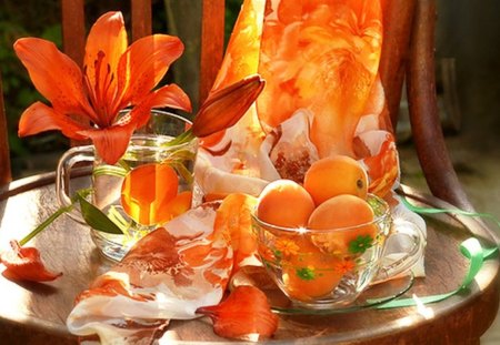 Still life - sunshine, flower, petals, still life, orange, lily, chair, apricot, scarf, nature, glasses, arrangement