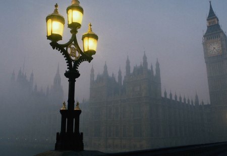 London in fog - street, fog, lamp post, london, lamp, city