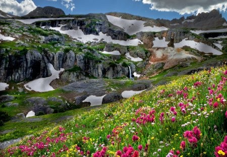 Mountainscape - pretty, summer, stream, grass, meadow, mountain, flowers, fresh, field, nice, falling, greenery, mountainscape, water, beautiful, snowy, slope, lovely, freshness, peaks, fall, colorful, nature, waterfall, green