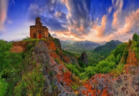 Mountain tower - hills, summer, high, mountain, flowers, cliffs, nice, sky, castle, clouds, stone, trees, beautiful, tower, slope, lovely, peaks, colorful, nature, building