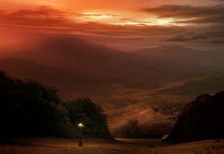 BY LAMPLIGHT - sky, trees, panorama, smoky, mountains, mist, evening, lamps, red, sunsets, skies