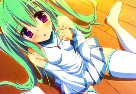 Kouchuusen Ezekiel - blushing, anime, osananajimi wa daitouryou, girl, green hair, long hair, floor, purple eyes, white dress, cute, swee, kouchuusen ezekiel, sexy