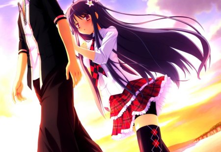 Kibitsumiya Akari - big breasts, beach, girl, kibitsumiya akari, blushing, long hair, water, purple hair, sunset, naka no hito nado inai, boy, anime, uniform, sweet, cute, flower