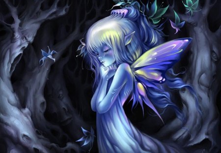 Whisp the Fairy - trees, branches, blue, pixie, girl, forest, leaves, glow, fantasy, nature, purple, hide, wings, fairy, young