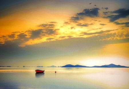 LONELY BOAT - landscape, lake, sky, boat