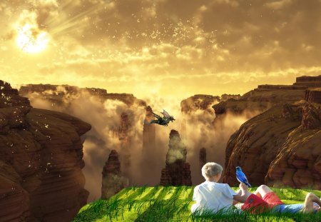 Canyon - clouds, heaven, flares, bird, brushes, grass, random, fantasy, dragon, green, sun, canyon