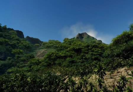 green - water, green, trees, rocks