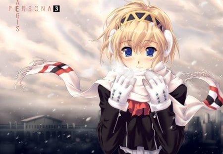 Persona 3 - pretty, persona 3, anime, anime girl, original, snow, blonde hair, tagme, aegis, cute girl, school girl, blue eyes