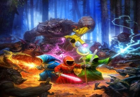 Wizards vs Goblins - trolls, forest, lighting, goblins, sword, wizards, fire, moon staff