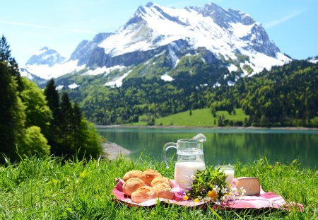 Peaceful Place - beauty, sky, valley, trees, peaceful, water, mountains, view, river, clouds, summer time, green, tree, grass, lake, milk, landscape, picnic, summer, lovely, nature, woods, forest, beautiful, splendor