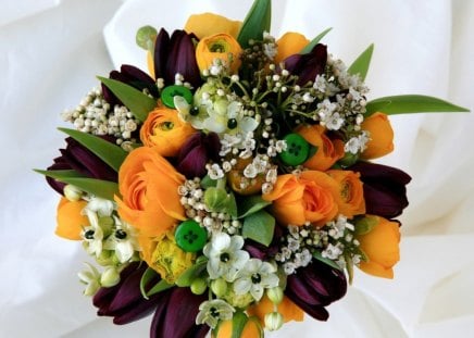 * Lovely bouquet * - beautiful, orange, bouquet, flowers, tulips, purple, green, cute, gift