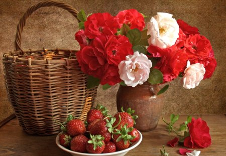 Basket, Flowers and Strawberries - pretty, wicker, strawberries, strawberry, brown, food, flower, still life, flowers, basket, red, green, fruit, whit