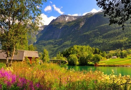 Vacation spot on lake - relax, sunny, summer, spot, cabin, grass, reflection, walk, mountain, flowers, countryside, fresh, shore, holiday, lake, nice, emerald, cottage, house, trees, beautiful, pond, vacation, lovely, rest, lakeshore, nature, green