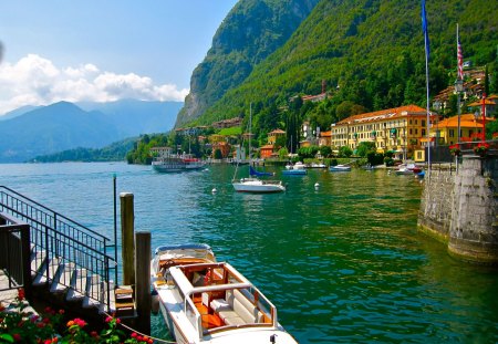 Lake Como - Italy - nice, lakeshore, sky, slope, italy, como, clear, mirrored, cottages, yacht, crystal, reflection, emerald, river, clouds, houses, lake, mountain, boats, shore, lovely, nature, village, beautiful, waters, europe