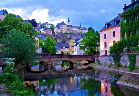 Luxembourg - old town - nice, sky, trees, riverbank, greenery, mirrored, calm, crystal, amazing, pretty, reflection, river, green, old, bridge, summer, capital, buildings, lovely, nature, town, blue, beautiful, city, luxembourg, waters, europe