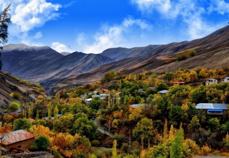 Autumn - village, trees, autumn, mountains, houses