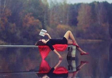 one true relaxation - nature, book, girl, pose, lake