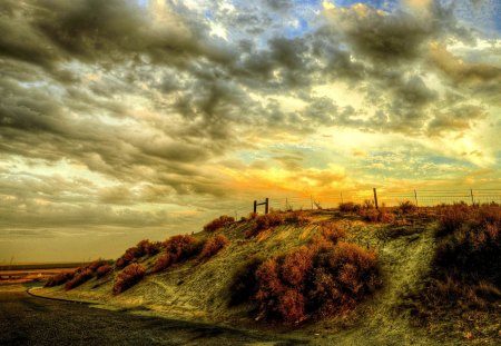 SUNSET SKY - fence, hills, landscape, hdr, sunset, road