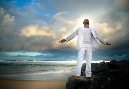 meditation - nature, beach, man, introvertness, sea, rocks