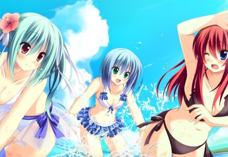 Beach - anime, sky, beach, swimsuits