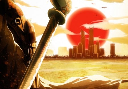 warrior - warrior, city, sword, sunset