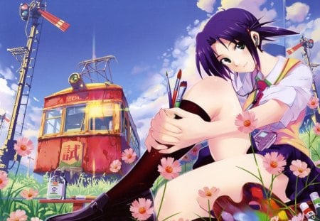 anime - beautiful girl, earphones, beautiful, blue sky, anime girl, girl, violet hair, grass, thinner, seifuku, palette, picture, canvas, red, pink flowers, pretty, yellow, anime, red tie, white clouds, sky, train, onnanoko, clouds, paintbrush, transistor radio, orange, painting, green