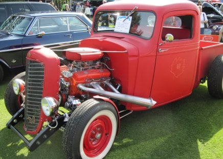 1936 GMC red truck - GMC, tires, headlights, Engine, grass, Photography, truck, black, white, red, green, Grills