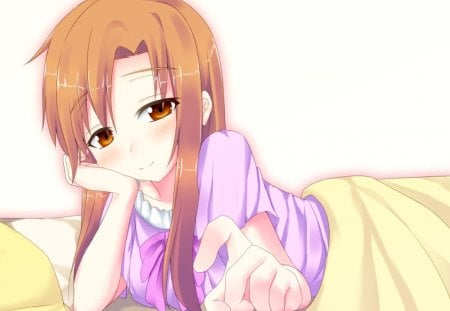 Yuuki Asuna - bed, hot, brown eyes, lingerie, anime girl, sao, brown hair, brown, amazing, art, yuuki, anime, yuuki asuna, sword art online, artistic, ecchi, sexy, girl, asuna, stunning, blanket, cg, pose, blush, digital