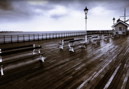 Rainy Pier - white, pier, black, rain