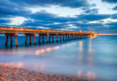 Lighted Pier - clouds, water, blue, lights