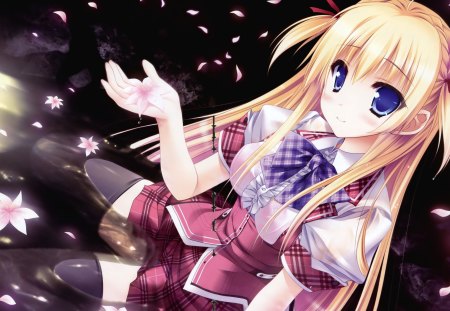 Hanairo Heptagram - sitting, hanairo heptagram, blue eyes, water, anime girl, original, cute girl, blonde hair, anime, uniform, flowers, school girl, cherry petals