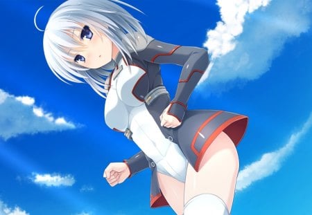 Anime - clouds, thigh highs, anime, sky