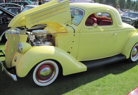 1936 Ford - headlights, silver, black, yellow, tires, grass, white, ford, car, engine, photography, green