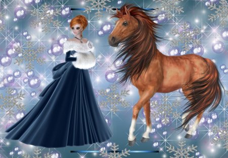 Blue Winter 2 - fantasy, winter, blue, victorian, horse