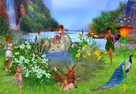 Fairy Pond - peacock, fairies, fairy, pond, waterfall, fantasy