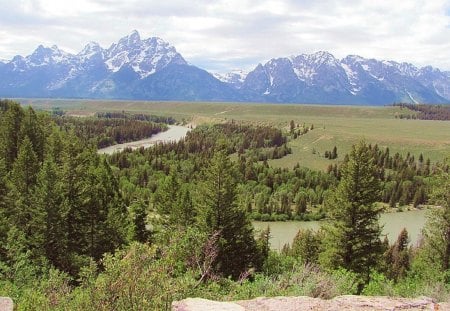 Grand Teton Mountain Range - nature, forest, river, field, yellowstone, prairie, mountains