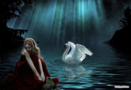 Sitting By the Pond - sitting, swan, girl, fantasy