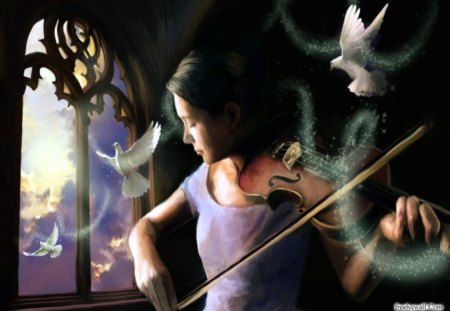 Fantasy - violin, girl, fantasy, bird