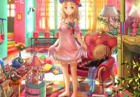 Feeling like a princess - sweets, princess, cat, girl, sleep, pink, interior, orange, green, anime, manga