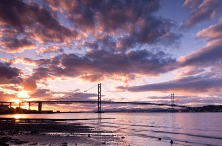 Sunset - splendor, sunrays, purple sunset, purple, view, purple sky, scotland, sky, sun, clouds, sunlight, beautiful, road, beauty, lovely, architecture, river, nature, sunset, rays, peaceful, bridge