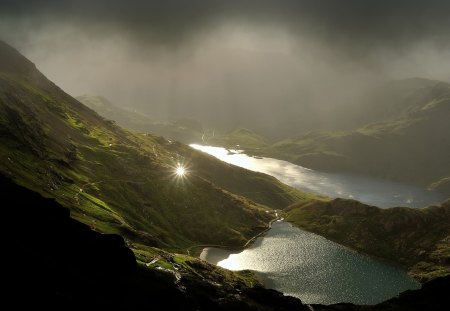 Peaceful Place - beauty, sky, trees, peaceful, sun, water, mountains, view, clouds, tree, sunrays, rays, lake, sunlight, lovely, nature, woods, forest, beautiful, splendor