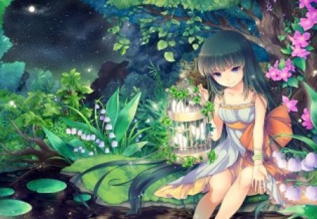 The cage with butterflies - anime, water, girl, flower, plant, pink, aqua, manga, lilly, cage, green, butterfly, leaf