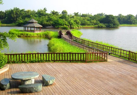 Beautiful lake - stone desk and chair, pavilion, lake, beautiful, bridge